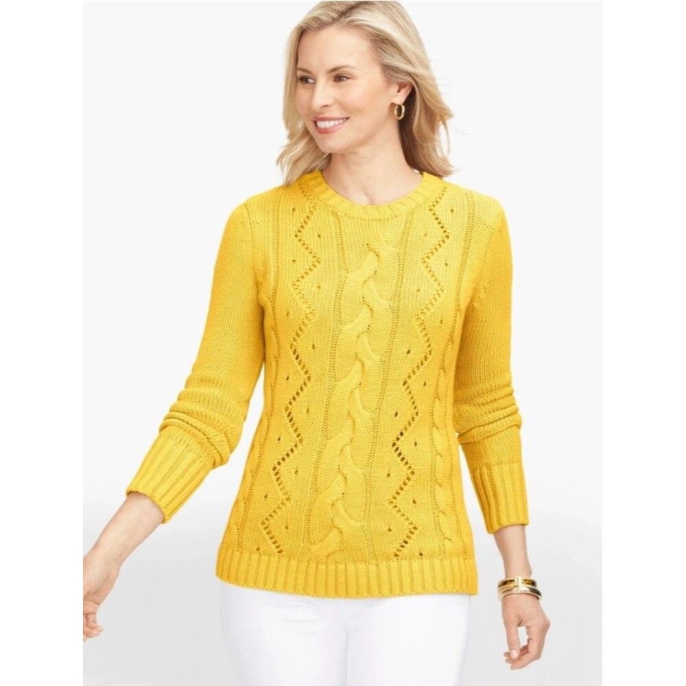 Talbots Cableknit Crewneck Sweater Long Sleeve Yellow Preppy Academia Medium